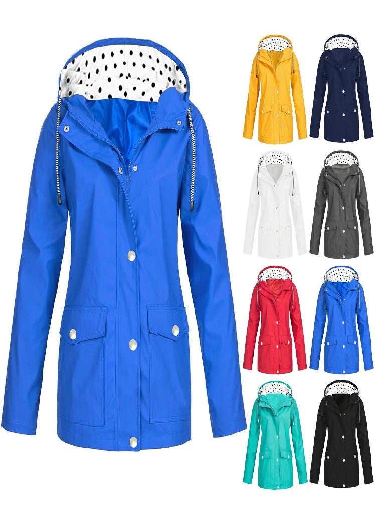 Eckek - Womens Raincoats With Hood  Lightweight Outdoor Hooded Waterproof Windbreaker Solid Trench Coat Jacket Plus Size - Image 1