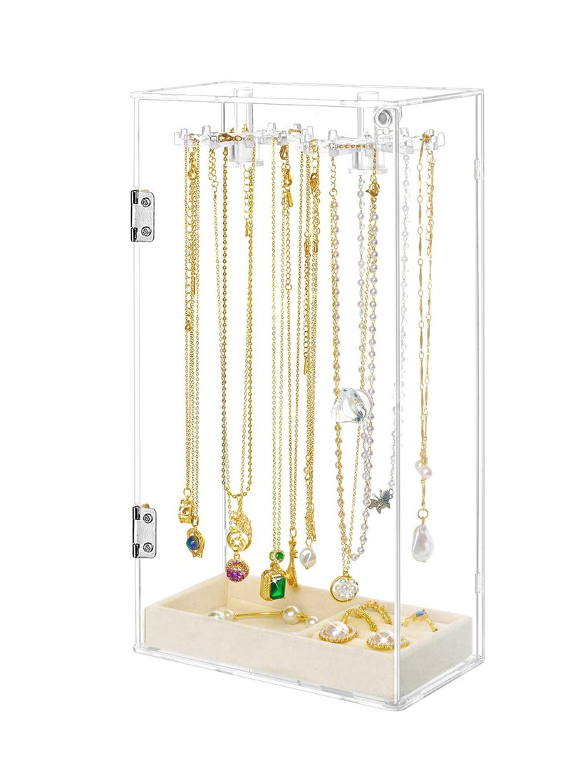 SYOSI Dustproof Acrylic Necklace Holder Organizer Stand with 24 Hooks and Removable Velvet Tray, Clear Jewelry Storage Display Box for Necklaces, Pendants, Bracelets, Earrings, and Rings  - Image 1