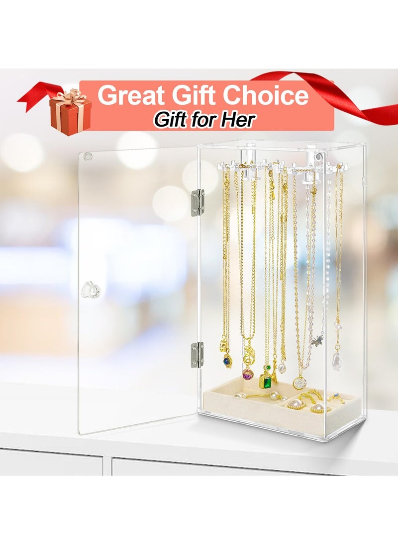 SYOSI Dustproof Acrylic Necklace Holder Organizer Stand with 24 Hooks and Removable Velvet Tray, Clear Jewelry Storage Display Box for Necklaces, Pendants, Bracelets, Earrings, and Rings  - Image 5