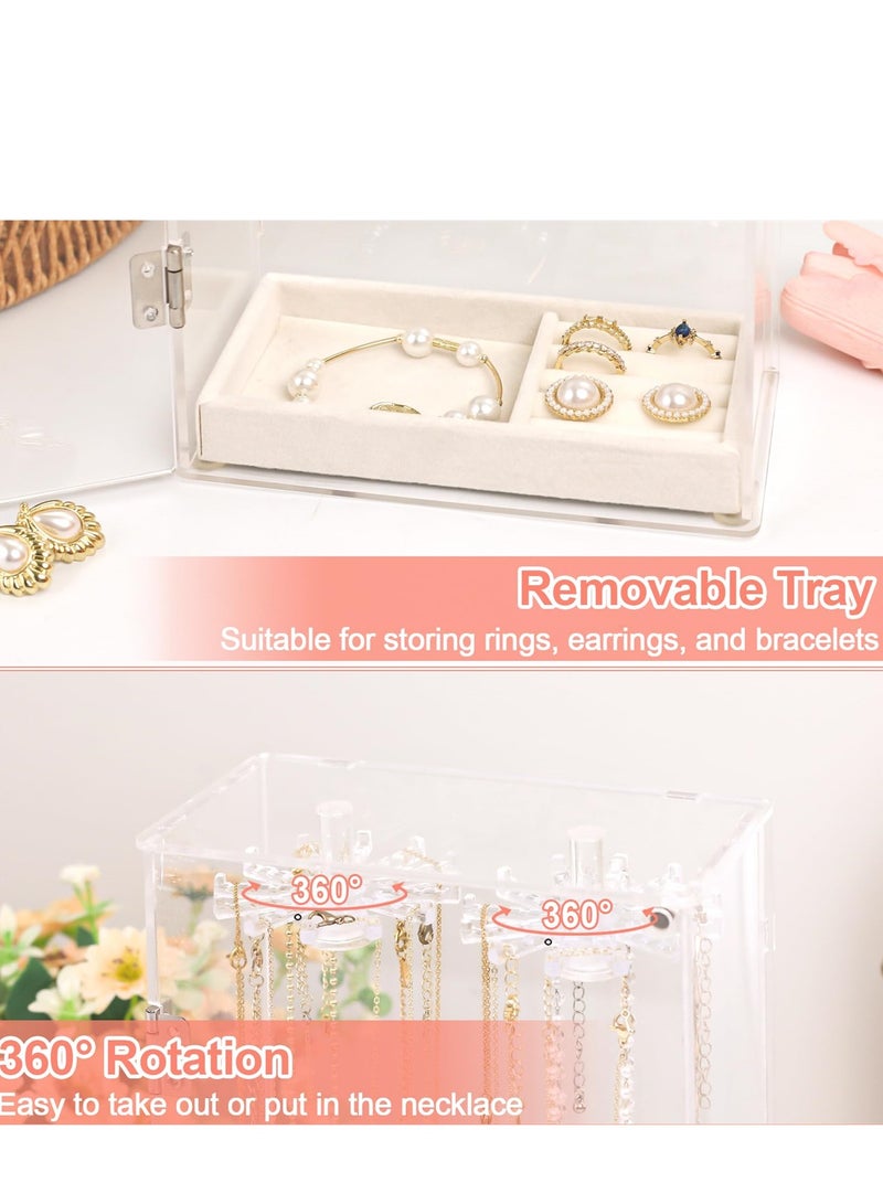 SYOSI Dustproof Acrylic Necklace Holder Organizer Stand with 24 Hooks and Removable Velvet Tray, Clear Jewelry Storage Display Box for Necklaces, Pendants, Bracelets, Earrings, and Rings  - Image 2