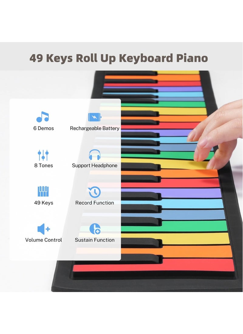 49 Key Roll Up Keyboard Piano, Portable Digital Electric Foldable Piano Keyboard, Rechargeable 8 Tones 6 Educational Demo Songs, for Beginners Gift ,Rainbow  - Image 3