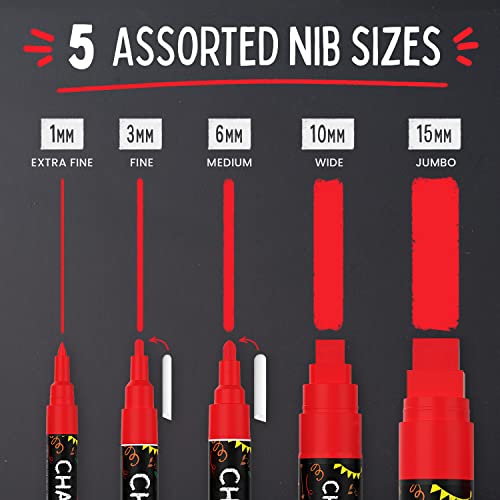 Chalkola 5 Red Chalkboard Chalk Markers - Red Dry Erase Markers for Blackboard, Chalkboard Signs, Windows, Glass | Variety Pack - Fine & Jumbo Size Ink Pen (1mm, 3mm, 6mm, 10mm, 15mm) - Image 2