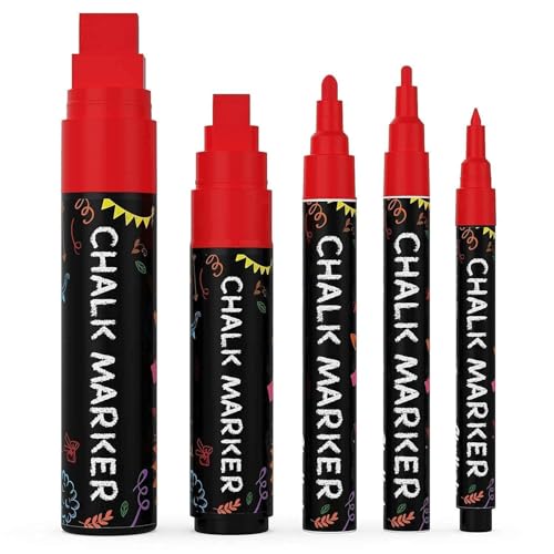 Chalkola 5 Red Chalkboard Chalk Markers - Red Dry Erase Markers for Blackboard, Chalkboard Signs, Windows, Glass | Variety Pack - Fine & Jumbo Size Ink Pen (1mm, 3mm, 6mm, 10mm, 15mm) - Image 1