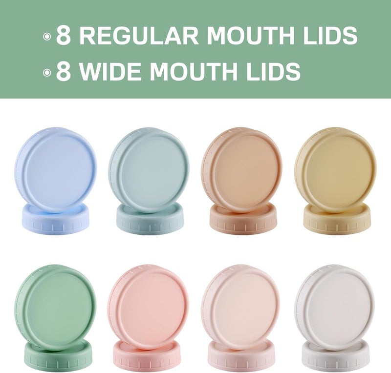 WeiShi 16PCS Colored Plastic Mason Jar Lids With Silicone Rings (8 Wide Mouth & 8 Regular Mouth) for Ball, Kerr and More, Food Grade & Leak-proof, 86mm & 70mm Canning Tops - Image 3
