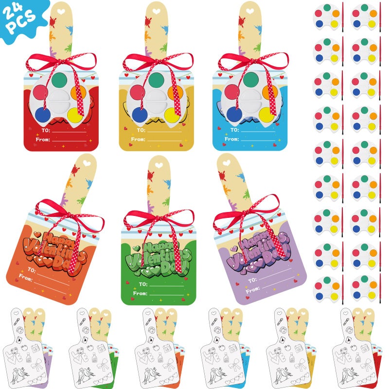 Eruner Valentines Day Gifts for Kidsï¼Œ24 Pack Valentine Cards for Kids Classroom with Watercolor Paint Bulk,Valentine Gift Exchanges School Art Party Favors Prizes Treats for Boys Girls - Image 1