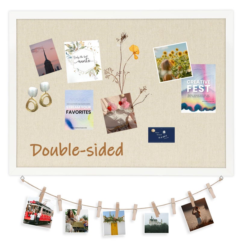DOLLAR BOSS Cork Board Bulletin Board with Linen Double-Sided 24" x 18" Linen Corkboards for Walls Picture Display Vision Board for Office Home School Framed Picture Pin Board, 20 Pushpins 10 Clips - Image 1