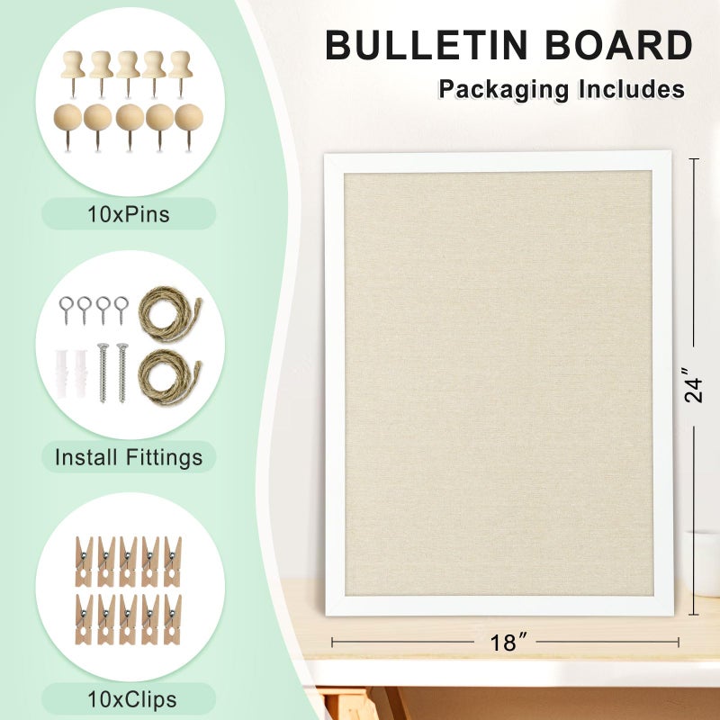DOLLAR BOSS Cork Board Bulletin Board with Linen Double-Sided 24" x 18" Linen Corkboards for Walls Picture Display Vision Board for Office Home School Framed Picture Pin Board, 20 Pushpins 10 Clips - Image 2