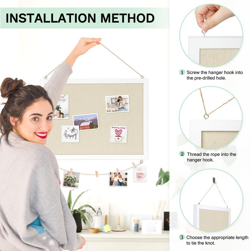 DOLLAR BOSS Cork Board Bulletin Board with Linen Double-Sided 24" x 18" Linen Corkboards for Walls Picture Display Vision Board for Office Home School Framed Picture Pin Board, 20 Pushpins 10 Clips - Image 3