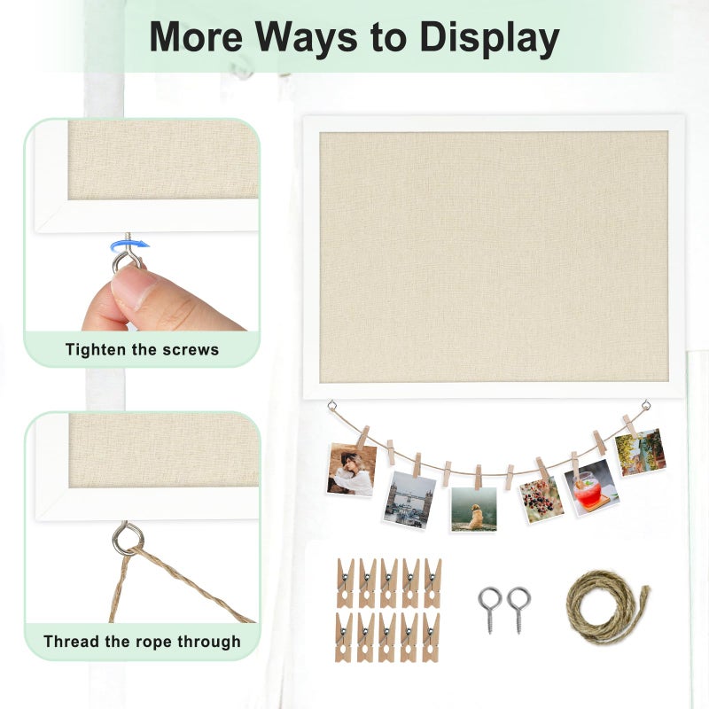 DOLLAR BOSS Cork Board Bulletin Board with Linen Double-Sided 24" x 18" Linen Corkboards for Walls Picture Display Vision Board for Office Home School Framed Picture Pin Board, 20 Pushpins 10 Clips - Image 4