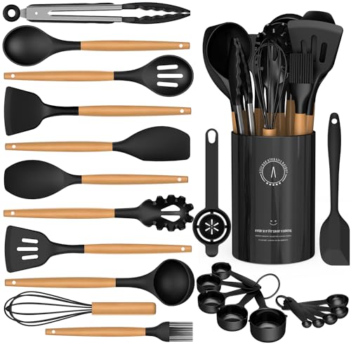 AVGPD Silicone Cooking Utensils Set - Silicone Kitchen Utensils for Cooking Wooden Handles, 446°F Heat Resistant Kitchen Utensil Spatula Sets w Holder, Gadgets for Non-Stick Cookware BPA FREE (Black) - Image 1