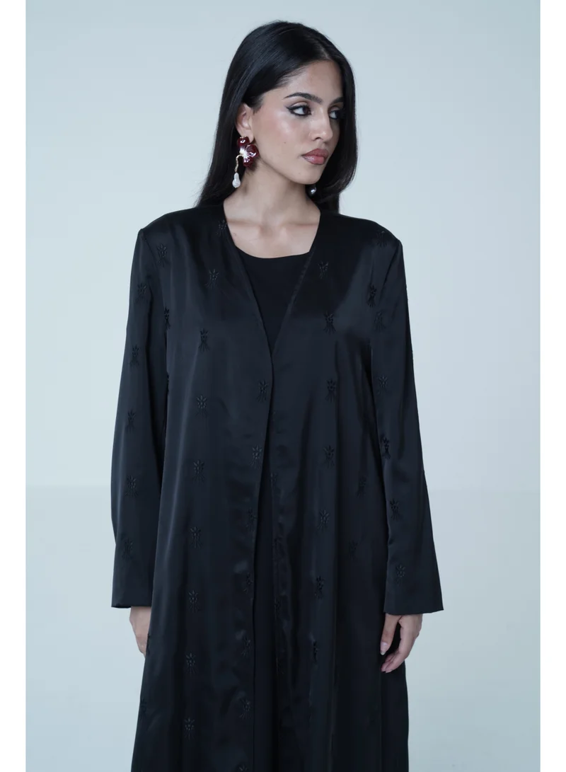 Ashita Fernandes Open-Front Satin Abaya Overlay – Black