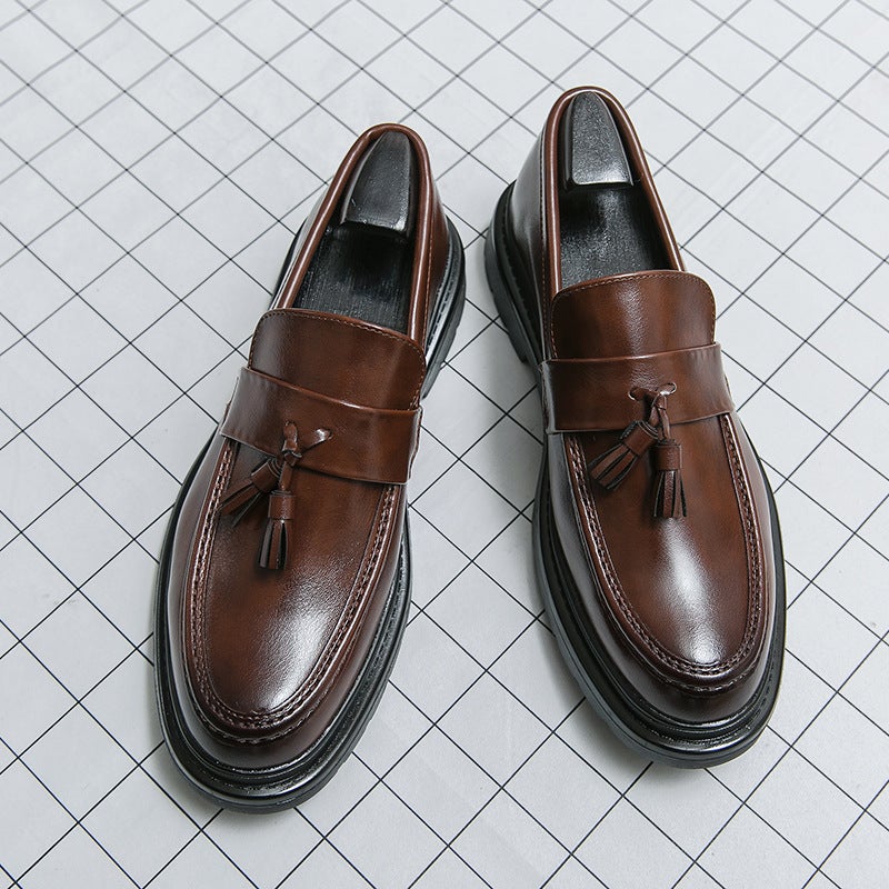 Korean Style Leg Business Leather Shoes Men'S Fashionable Tassel Solid Color Loafers Slip-On Lazy Leg Hair Stylist Leather Shoes - Image 3