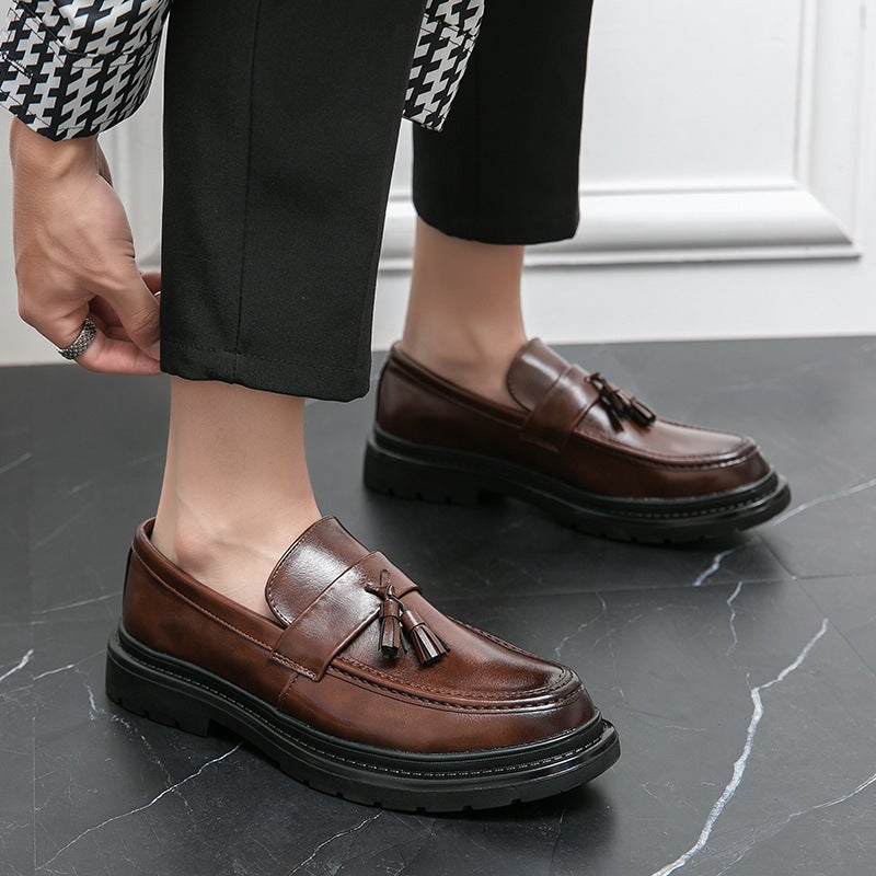 Korean Style Leg Business Leather Shoes Men'S Fashionable Tassel Solid Color Loafers Slip-On Lazy Leg Hair Stylist Leather Shoes - Image 2