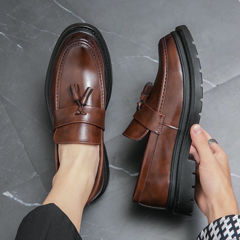 Korean Style Leg Business Leather Shoes Men'S Fashionable Tassel Solid Color Loafers Slip-On Lazy Leg Hair Stylist Leather Shoes - Image 5