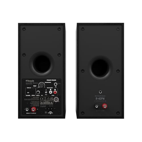 Klipsch Reference R-40PM Powered Bookshelf Speakers - 90-Degree x 90-Degree Tractrix Horn - Linear Travel Suspension - Sleek, Modern Appearance - Image 2