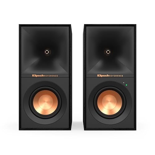 Klipsch Reference R-40PM Powered Bookshelf Speakers - 90-Degree x 90-Degree Tractrix Horn - Linear Travel Suspension - Sleek, Modern Appearance - Image 1