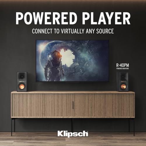 Klipsch Reference R-40PM Powered Bookshelf Speakers - 90-Degree x 90-Degree Tractrix Horn - Linear Travel Suspension - Sleek, Modern Appearance - Image 4