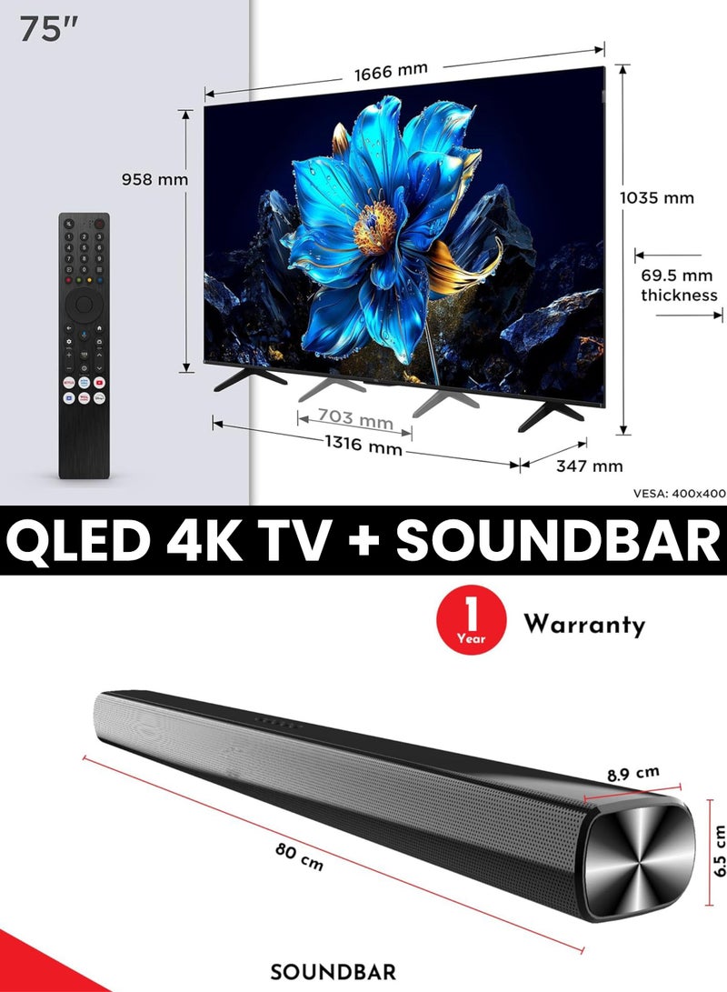 TCL 75-Inch P7K QLED 4K Smart TV + 2.0 Channel Premium Soundbar | [Google TV, AiPQ Processor, 60Hz, HDR10+, MEMC, Slim Uni-body] + [HDMI (ARC), USB, Bluetooth, FM Station, Aux] - (2025 Model) 75P7K+SOUNDBAR Black - Image 2