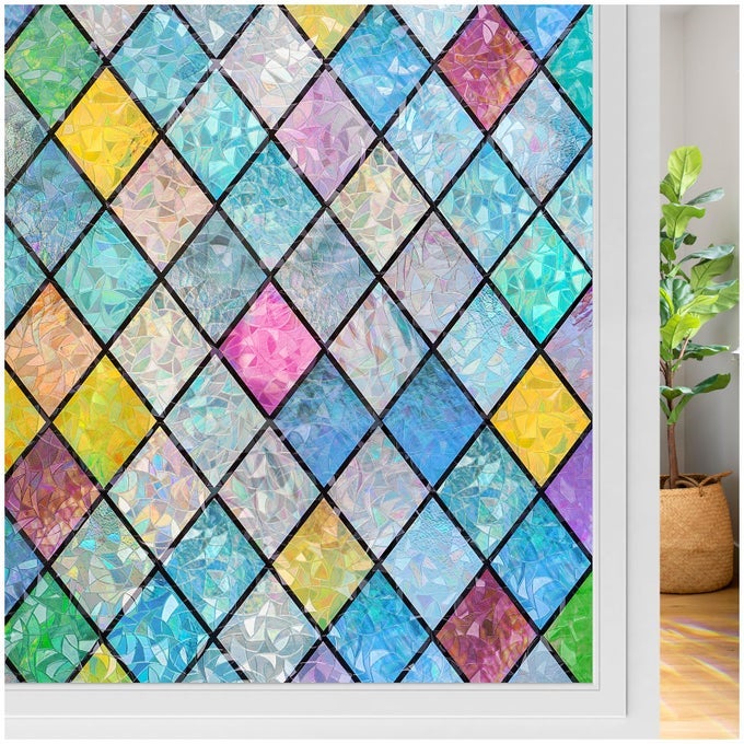 STAINED GLASS WINDOW FILM RAINBOW FILM DECORATIVE 3D PRIVACY STICKER COLORFUL LATTICE WINDOW DECALS CLING SUN CATCHER STATIC DECALS FOR HOME 175787