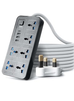Universal Extension Lead with Multiple Function,UK Plug 3 Pin Socket Outlet with 6 Gang | 3 USB Port | 1 Type-C Port,1.8M Cable Power Strip for Home,Kitchen,and Office(Black)