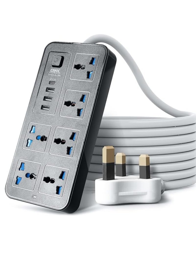 NIBEMINENT - Universal Extension Lead with Multiple Function,UK Plug 3 Pin Socket Outlet with 6 Gang | 3 USB Port | 1 Type-C Port,1.8M Cable Power Strip for Home,Kitchen,and Office(Black) - Image 1