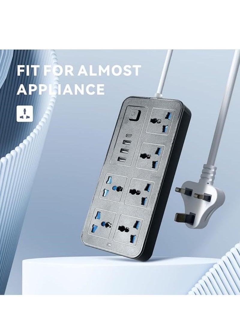 NIBEMINENT - Universal Extension Lead with Multiple Function,UK Plug 3 Pin Socket Outlet with 6 Gang | 3 USB Port | 1 Type-C Port,1.8M Cable Power Strip for Home,Kitchen,and Office(Black) - Image 1