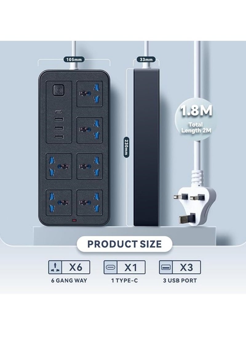 NIBEMINENT - Universal Extension Lead with Multiple Function,UK Plug 3 Pin Socket Outlet with 6 Gang | 3 USB Port | 1 Type-C Port,1.8M Cable Power Strip for Home,Kitchen,and Office(Black) - Image 1