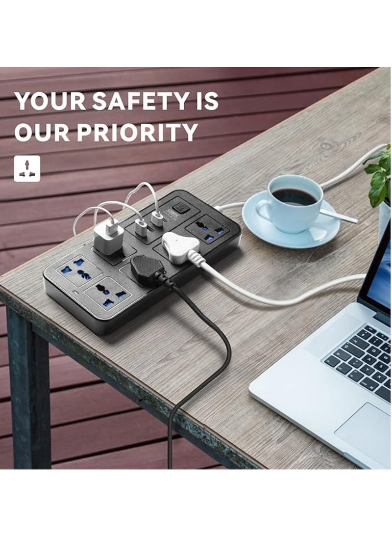NIBEMINENT - Universal Extension Lead with Multiple Function,UK Plug 3 Pin Socket Outlet with 6 Gang | 3 USB Port | 1 Type-C Port,1.8M Cable Power Strip for Home,Kitchen,and Office(Black) - Image 1