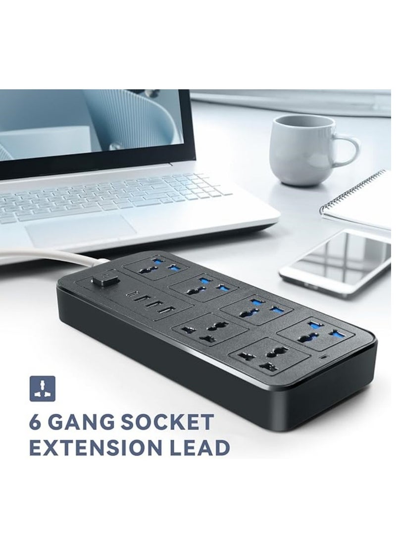 NIBEMINENT - Universal Extension Lead with Multiple Function,UK Plug 3 Pin Socket Outlet with 6 Gang | 3 USB Port | 1 Type-C Port,1.8M Cable Power Strip for Home,Kitchen,and Office(Black) - Image 1