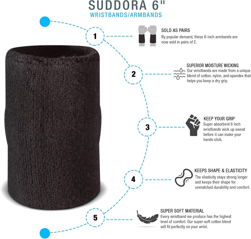 Suddora 6" Doublewide Wrist Bands/Armbands (Pair) - Thick Sweatbands for Basketball, Tennis, Baseball, Gym - Image 2