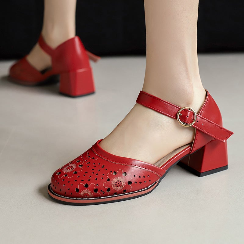 Summer Style Comfortable Mid-Heel 33-48 Plus Size Burned Flower Buckle With Hollow Fashion Sandals For Women - Image 4