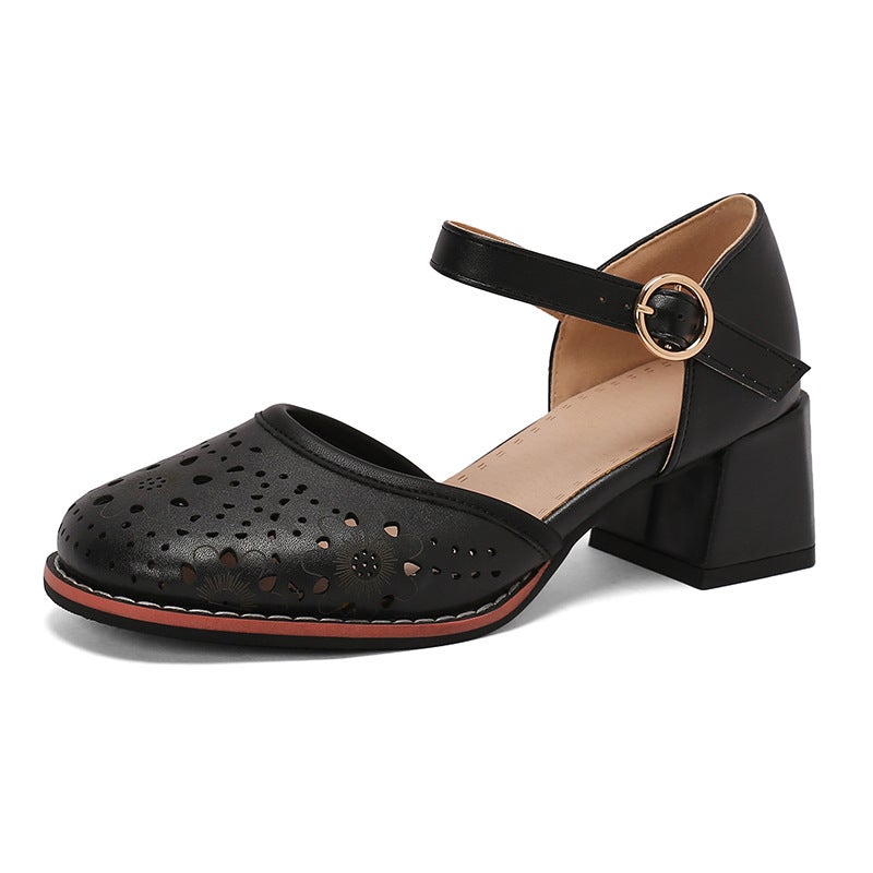 Summer Style Comfortable Mid-Heel 33-48 Plus Size Burned Flower Buckle With Hollow Fashion Sandals For Women - Image 1