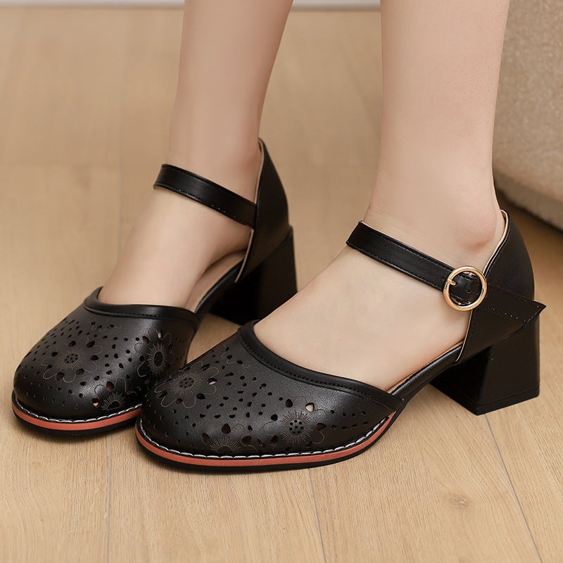 Summer Style Comfortable Mid-Heel 33-48 Plus Size Burned Flower Buckle With Hollow Fashion Sandals For Women - Image 5