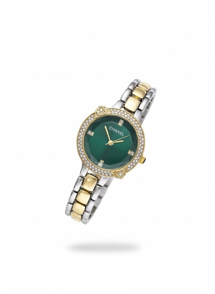 Chanel Women’s Two-Tone Stainless Steel Watch with Green Dial and Crystal Bezel