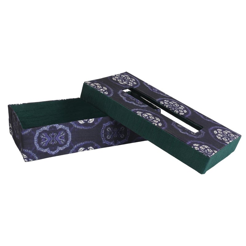 INDHA Tissue Box | Handcrafted Tissue Box Blue & Green | Navy Blue and Green Dupion Silk Tissue Box | White Floral Mandala Design Motif Digitally Printed - Image 2