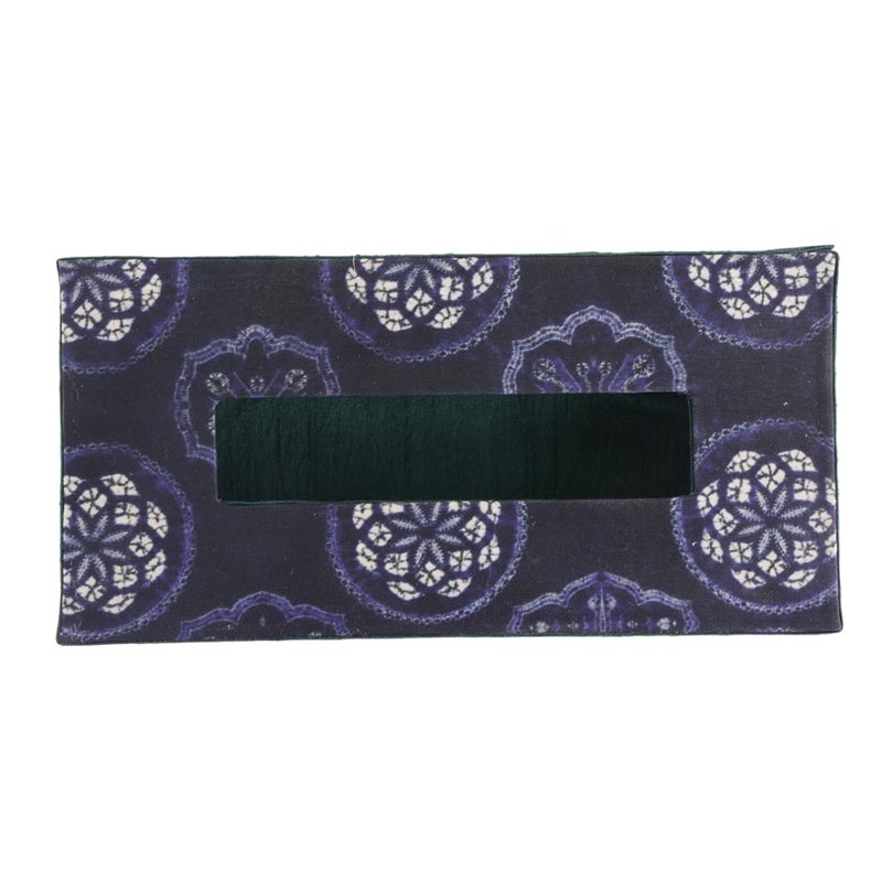INDHA Tissue Box | Handcrafted Tissue Box Blue & Green | Navy Blue and Green Dupion Silk Tissue Box | White Floral Mandala Design Motif Digitally Printed - Image 4