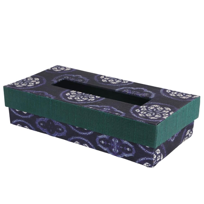 INDHA Tissue Box | Handcrafted Tissue Box Blue & Green | Navy Blue and Green Dupion Silk Tissue Box | White Floral Mandala Design Motif Digitally Printed - Image 3