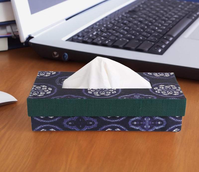 INDHA Tissue Box | Handcrafted Tissue Box Blue & Green | Navy Blue and Green Dupion Silk Tissue Box | White Floral Mandala Design Motif Digitally Printed - Image 5