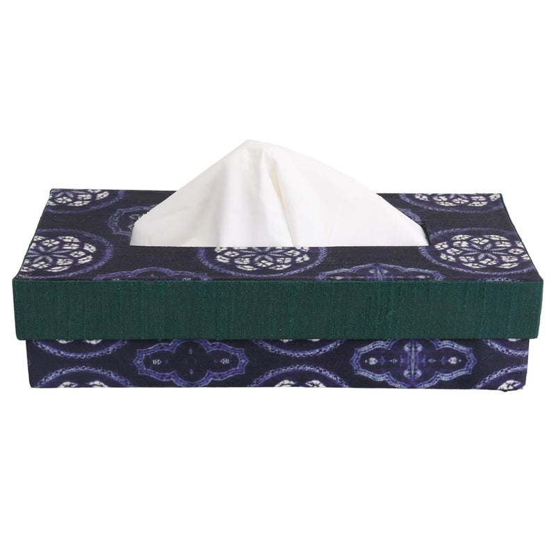 INDHA Tissue Box | Handcrafted Tissue Box Blue & Green | Navy Blue and Green Dupion Silk Tissue Box | White Floral Mandala Design Motif Digitally Printed - Image 1