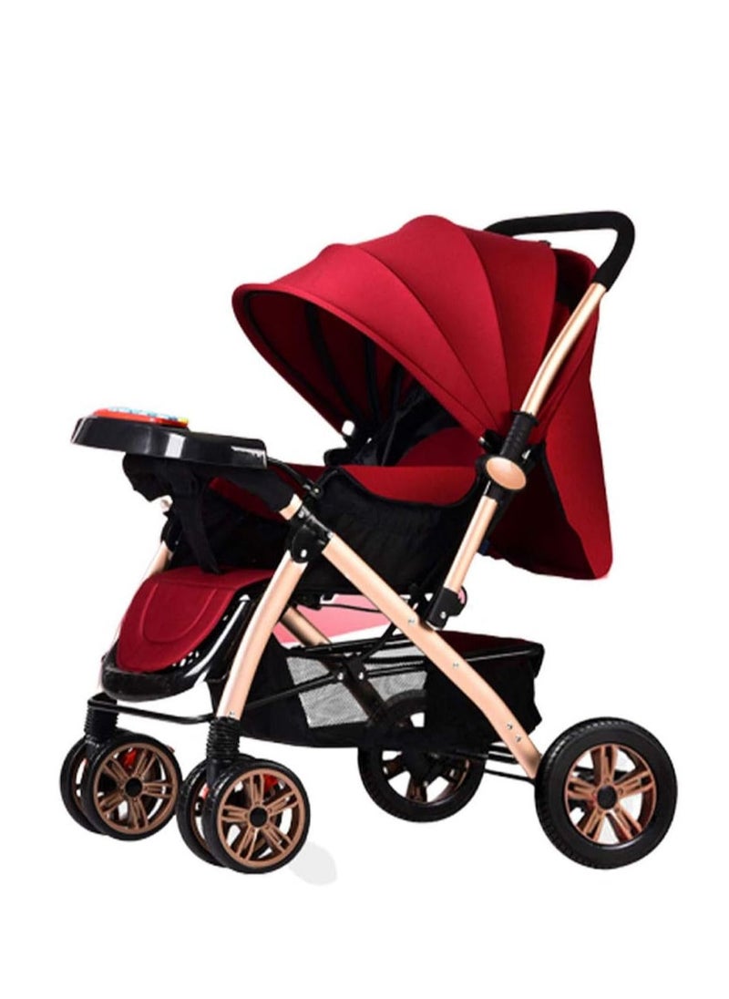 Generic Pushchair Baby Stroller Folding With Foot Cover And Cup Holder Mosquito Net Baby Carriage Shock Absorber Pram Stroller Infant Color Red  - Image 1