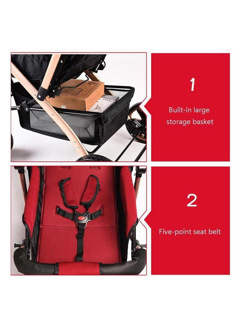 Generic Pushchair Baby Stroller Folding With Foot Cover And Cup Holder Mosquito Net Baby Carriage Shock Absorber Pram Stroller Infant Color Red  - Image 4
