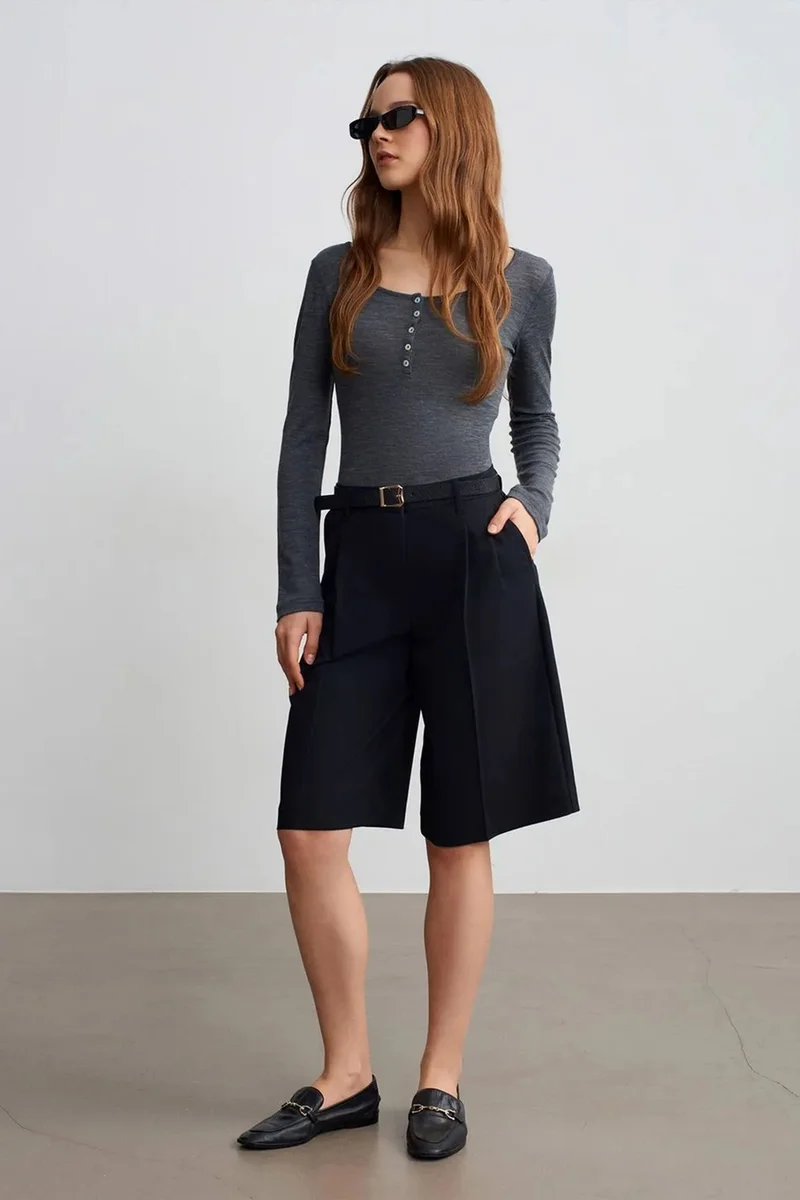 Dilvin Charcoal Grey DILVIN Slim-Fit Wool Knit Blouse With Buttons for Women | Best Price UAE