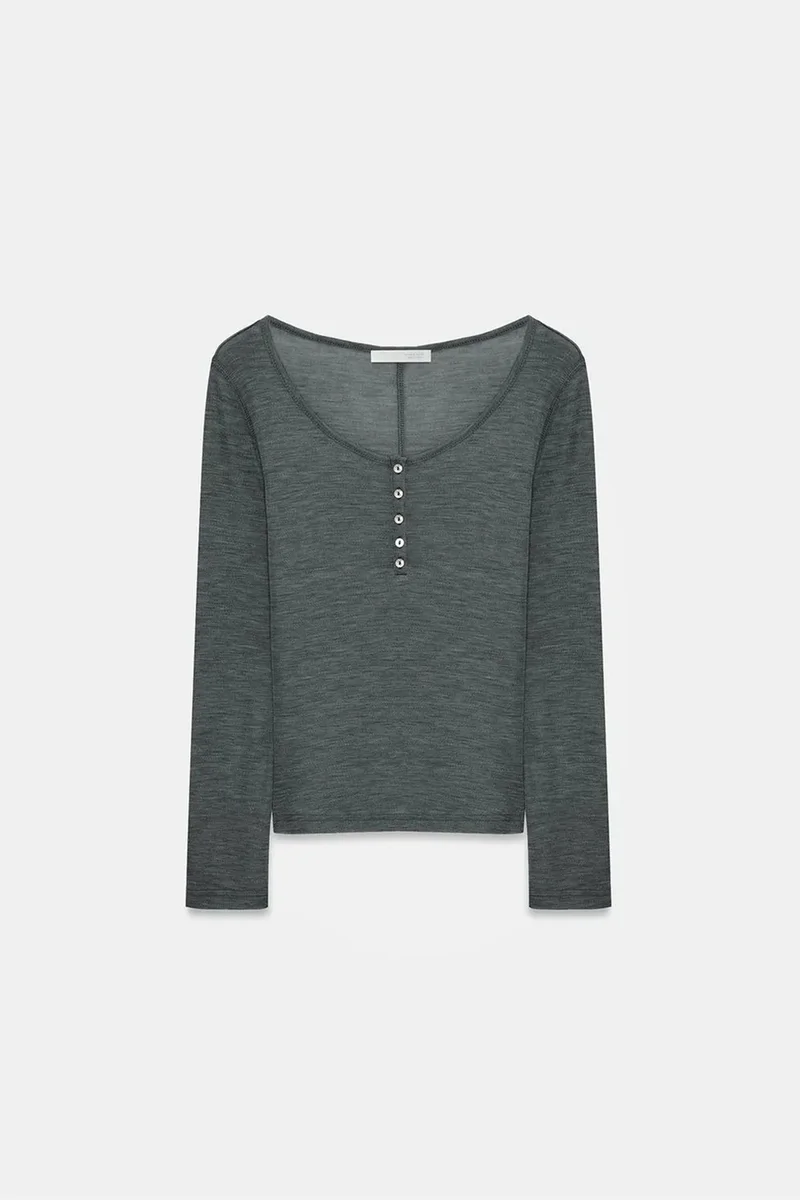 Dilvin Charcoal Grey DILVIN Slim-Fit Wool Knit Blouse With Buttons for Women | Best Price UAE