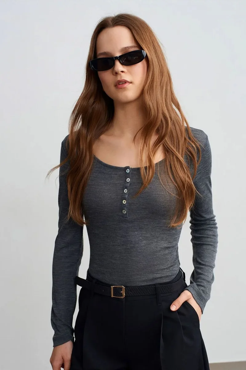 Dilvin Charcoal Grey DILVIN Slim-Fit Wool Knit Blouse With Buttons for Women | Best Price UAE