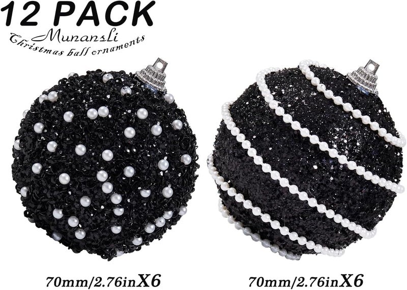 Munansli Black Christmas Ball Ornaments, Christmas Ball Decorations Shatterproof Plastic Hanging Pearl Balls for Holiday Party(70mm/2.76", 12ct) - Image 4