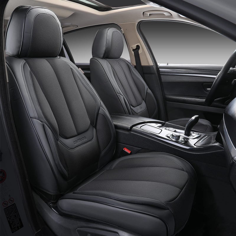 Coverado Front Seat Covers 2 Pieces Universal Seat Covers for Cars Breathable Fabric Leather Car Seat Protectors Car Seat Cushions Auto Accessories Fit for Most Sedans SUV Truck Black