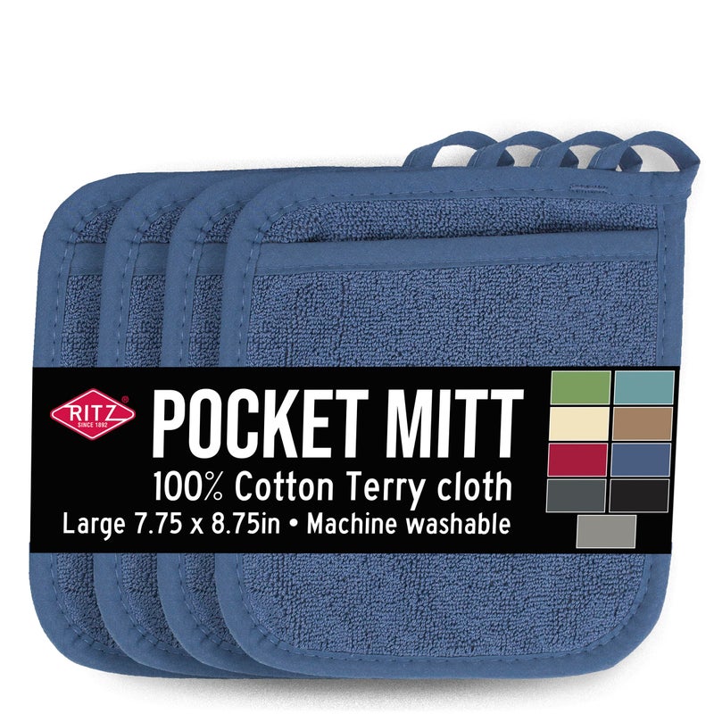 Ritz Terry Pocket Mitt & Hot Pad: Unparalleled Heat Resistant  Durable 100% Cotton - Ergonomically Designed for Optimal Grip - Easy-Care Machine Washable  Perfect for Your Kitchen - Federal Blue  4-Pk - Image 1