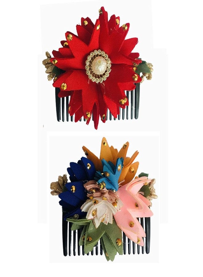 Arooman™ Artificial Flower Comb, Juda/Bun Comb, Side Comb, Floral Hair Comb (Color-Red And Multi, Pack-02) M12190958 - Image 1