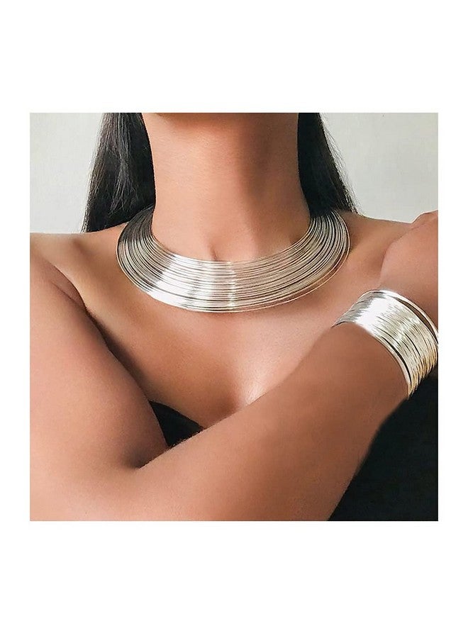 Fstrend Statement Choker Bracelet Earrings Set Gold Plated African Bib Chunky Necklace Costume Party Jewelry Accessories For Women (Silver) - Image 2