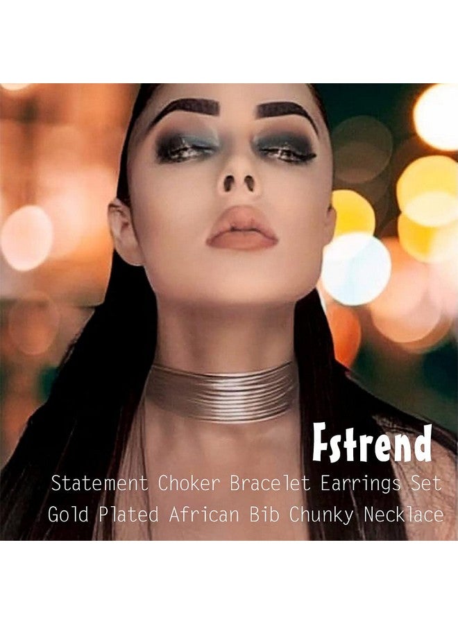 Fstrend Statement Choker Bracelet Earrings Set Gold Plated African Bib Chunky Necklace Costume Party Jewelry Accessories For Women (Silver) - Image 4